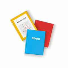 a stack of books lying on the table is blue, red and yellow. School textbooks, top view. An isolated object, a math textbook. A symbol of learning, knowledge and science.flat lay