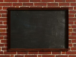Empty chalk board on a brick wall close-up. 3d illustration