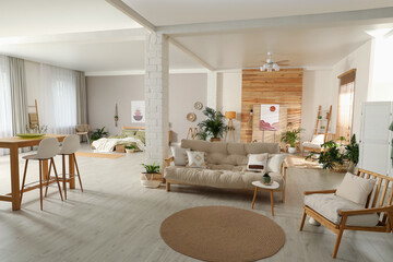 Spacious apartment interior with stylish wooden furniture. Idea for design