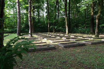 Bialystok, Poland - July 14, 2021: Soviet prisoners of war. 43 individual graves and 7 mass graves. Cemetery and Second World War memorial site. Summer sunny day