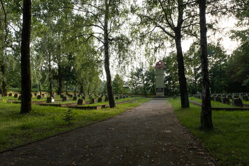 Sokolka, Poland - July 14, 2021: This war cemetery contains the remains of 1572 Soviet soldiers and officers who fell in 1941 and 1944. Summer sunny day