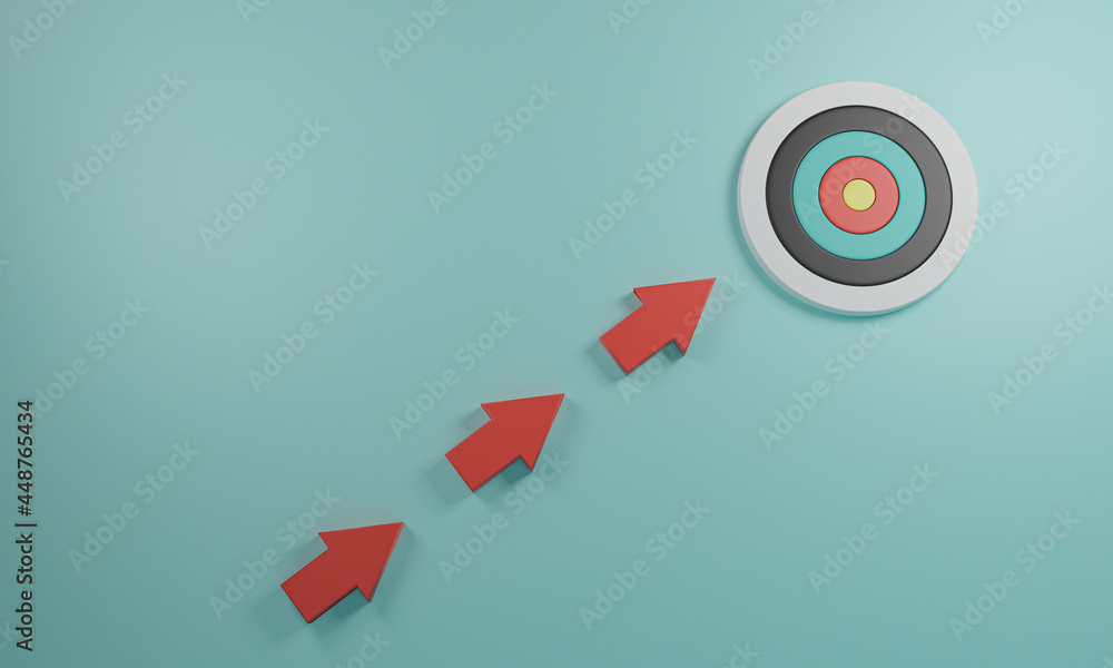 Poster red arrow moving direction to dartboard on blue background for business achievement goal and objecti