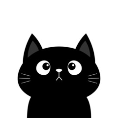Black cat kitten head face looking up. Cute cartoon character. Pet baby collection. Happy Halloween. Greeting card. Flat design. White background. Isolated.