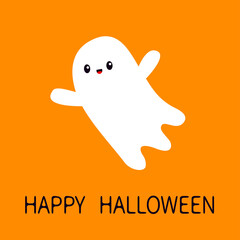 Happy Halloween. Flying ghost spirit with hands. Scary white ghosts. Cute cartoon spooky character. Smiling face. Greeting card. Orange background. Isolated. Flat design.