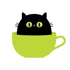 Cat in tea coffee cup. Big green eyes. Black silhouette. Cute cartoon funny character. Moustaches. Baby pet animal collection. Sticker tshirt print template. Flat design. White background. Isolated.