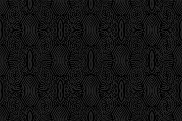 Geometric volumetric convex 3D pattern for wallpaper, websites, textiles.Vector beautiful embossed black background in oriental, indian, mexican, aztec style. Texture with ethnic ornament.
