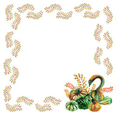 Square frame with decorative pumpkins and leaves on a white background. A hand-drawn watercolor illustration. Golden autumn and harvest.
