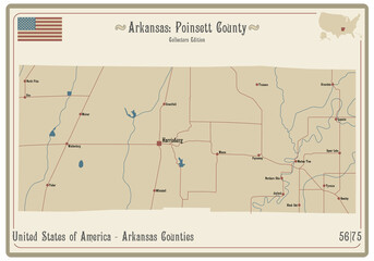 Map on an old playing card of Poinsett county in Arkansas, USA.