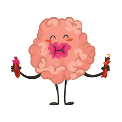 Brain character emotion. Brain character eating snack. Funny cartoon emoticon.  illustration isolated on white background
