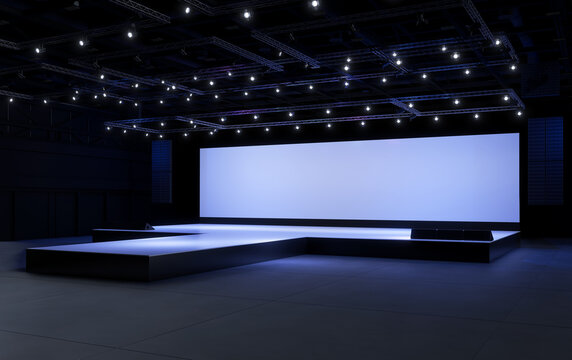 Empty stage Design  for mockup and Corporate identity,Display.Platform elements in hall.Blank screen system for Graphic Resources.Scene event led night light staging,3D render.