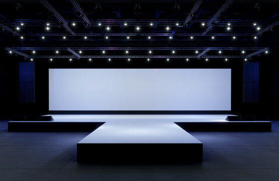 Empty stage Design  for mockup and Corporate identity,Display.Platform elements in hall.Blank screen system for Graphic Resources.Scene event led night light staging,3D render.