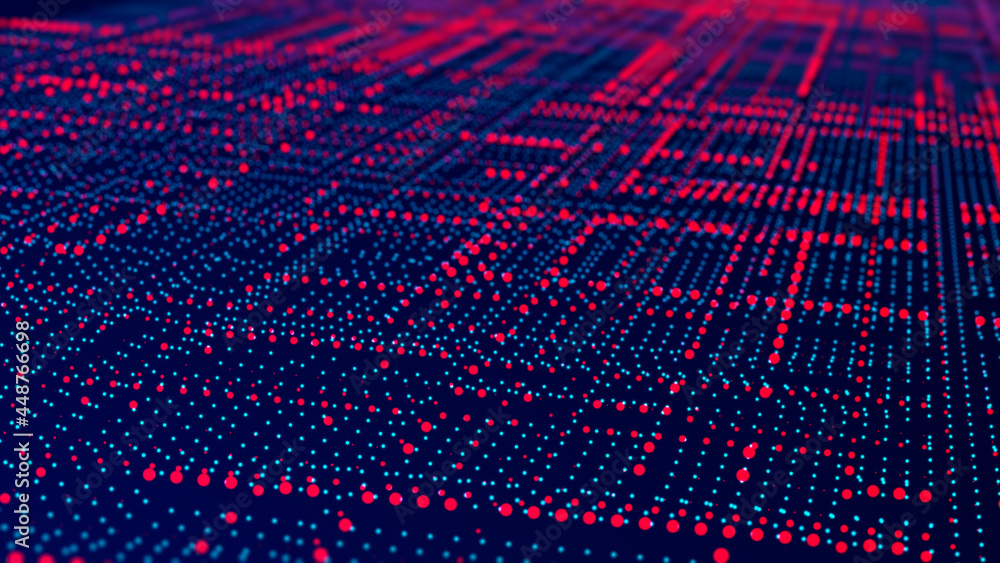 Poster Futuristic illustration of dots on a dark background. Big data digital code. Technological or scientific banner. 3D