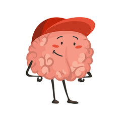 Brain character emotion. Brain character standing in a baseball cap. Funny cartoon emoticon.  illustration isolated on white background