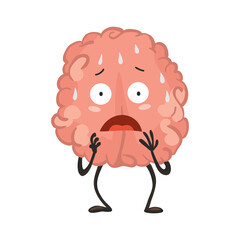 Brain character emotion. Brain character stands scared and sweaty. Funny cartoon emoticon.  illustration isolated on white background