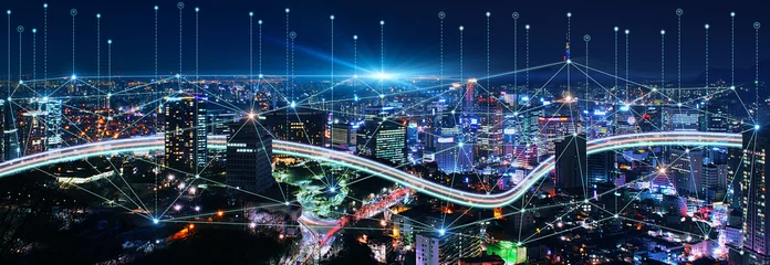 Crédence de cuisine en verre imprimé Séoul Système de réseau de connexion intelligent, concept de réseau de ville intelligente, connexion sans fil 5G.