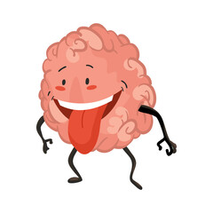 Brain character emotion. Brain character stands with his tongue out. Funny cartoon emoticon.  illustration isolated on white background