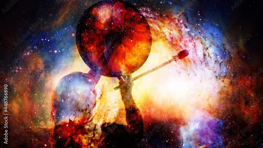 Poster shamanic girl with frame drum on abstract structured space background.