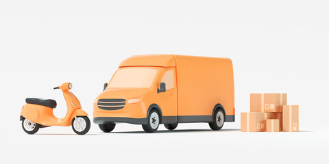 Delivery van, yellow van with packaging, and scooter on white background. shipping, delivery service, and transportation. 3d render illustration