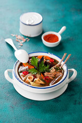 Traditional Caucasian dish Hashlama. Lamb meat and vegetables stew. Armenian cuisine, selective focus.