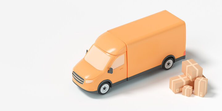 3D Fast delivery service concept. delivery van with smartphone GPS map, custom location and online order tracking. 3d render illustration