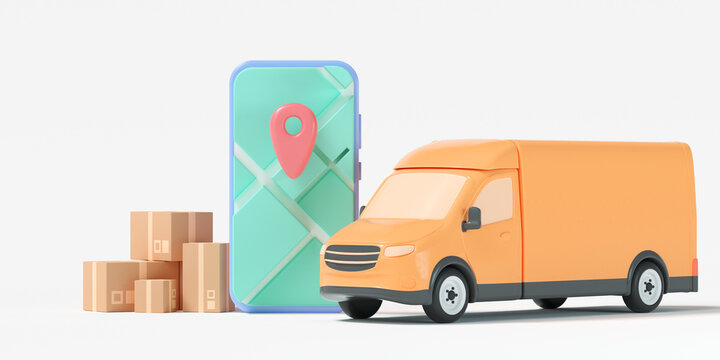 3D Fast delivery service concept. delivery van with smartphone GPS map, custom location and online order tracking. 3d render illustration