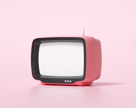 3d pink retro television on pink background, vintage old tv receiver, social media filter photo. 3d render illustration
