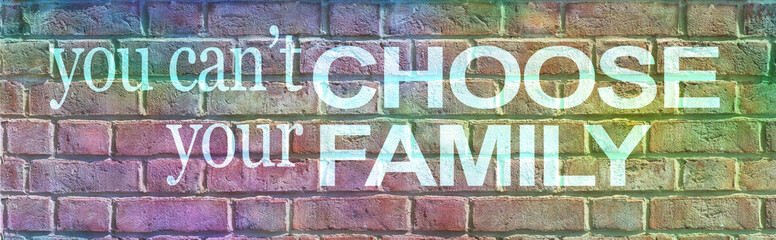 You can't CHOOSE your FAMILY banner - multicoloured brick wall background with large message reading you can't choose your family centrally placed
