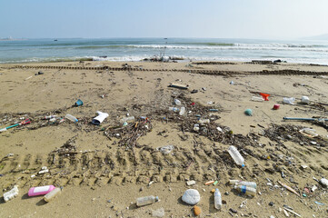 Fototapeta na wymiar Marine garbage is scattered on the coast in Dogu-ri, Pohang-si, South Korea.