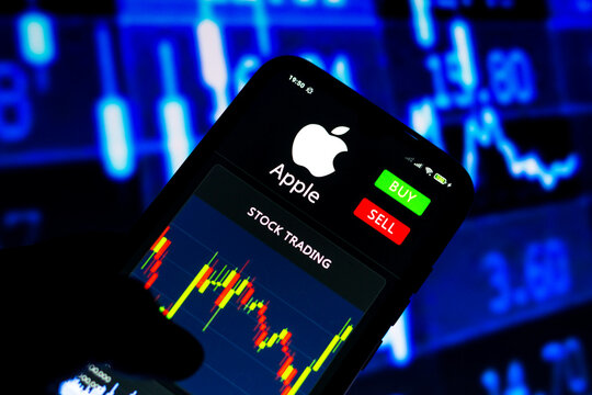 August 2, 2021, Brazil. In this photo illustration the stock trading graph of Apple seen on a smartphone screen.