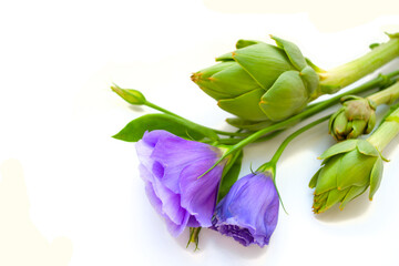 .design a bouquet of purple eustomas and green artichoke close-up card for the holiday