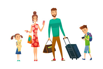 Happy Family travel together with luggage and suitcase. Family travel. Father mother, son and daughter at the airport. Family on vacation