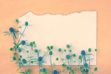 Delicate card with wild blue flowers on gray paper with a torn edge with copy space for design.