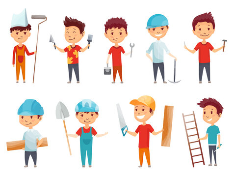 Kids builders. Little boys in builder work suit, children in construction helmet and engineering costumes. Little builders character. Cartoon isolated  icons set