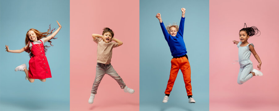 Art collage made of portraits of little and happy kids isolated on multicolored studio background. Human emotions, facial expression concept