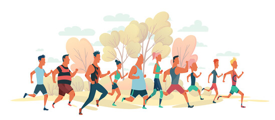 Men and women running marathon race on nature landscape. Group of people dressed in sports clothes. Participants of athletics event trying to outrun each other