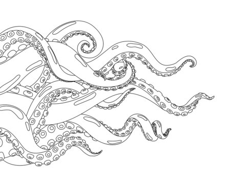 Octopus. Hand drawn background with octopus. Cartoon underwater marine animal. Coloring  illustration of kraken or squid. Body parts protruding from out of frame