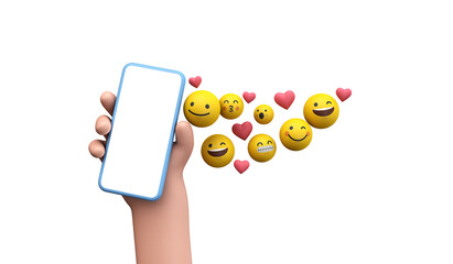 Person holding a smartphone with emoji online social media icons. 3D Rendering