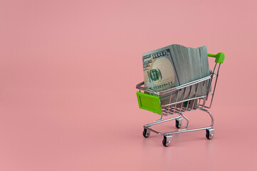 A bundle of dollar bills in a supermarket trolley on a light background