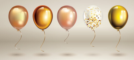 Gold balloons set. Birthday balloon set. Inflatable air flying balloon realistic 3D vector illustration. © Юлия Кондратьева