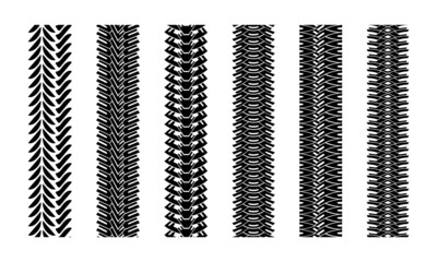 Editable tire tracks texture. Collection seamless tire pattern. Detailed tracks protector image. Set of tire imprints