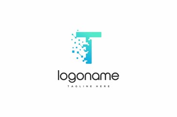 flying pixel logo letter T, pixel logo, technology logo, glitter technology logo