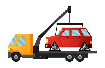 Naklejka na ściany i meble Tow truck. Cool flat towing truck with broken car. Road car repair service assistance vehicle with damaged or salvaged car