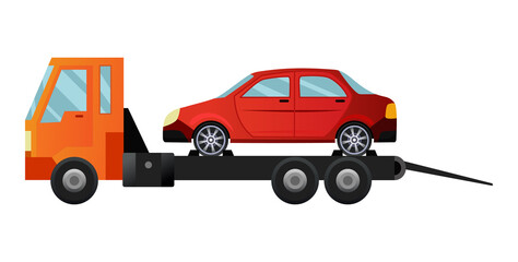 Tow truck. Cool flat towing truck with broken car. Road car repair service assistance vehicle with damaged or salvaged car