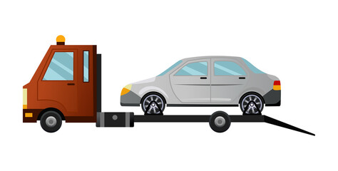 Tow truck. Cool flat towing truck with broken car. Road car repair service assistance vehicle with damaged or salvaged car