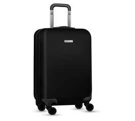 Baggage isolated. Set of black travel plastic suitcase or vacation bag on white background. Summer vacation and product advertisement concept.