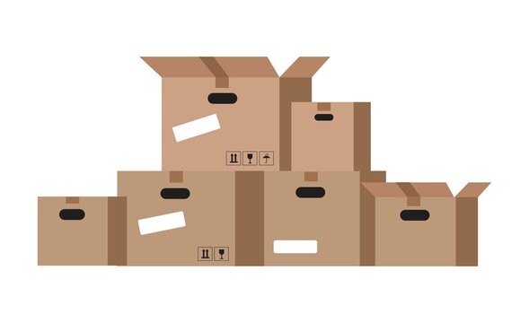 A set of cardboard boxes with labels. Illustration in flat style.