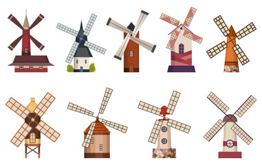 Collection of traditional ancient windmill buildings. Rural organic agricultural production, ecological food manufacturing, clean energy concept, wind mill farm. Medieval european windmill - obrazy, fototapety, plakaty