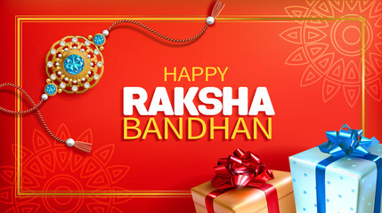 Greeting banner with rakhi (bracelet), and gifts for Raksha Bandhan (Bond of protection and care) – Indian festival of sisters and brothers. Vector illustration.