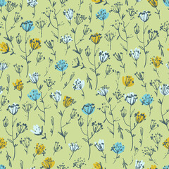 Seamless pattern with hand drawn meadow flowers in Ditsy style. Colorful illustrations on light-colored background for surface design and other design projects