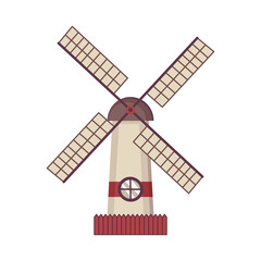Traditional ancient windmill building. Rural organic agricultural production, ecological food manufacturing, clean energy concept, wind mill farm. Medieval european windmill